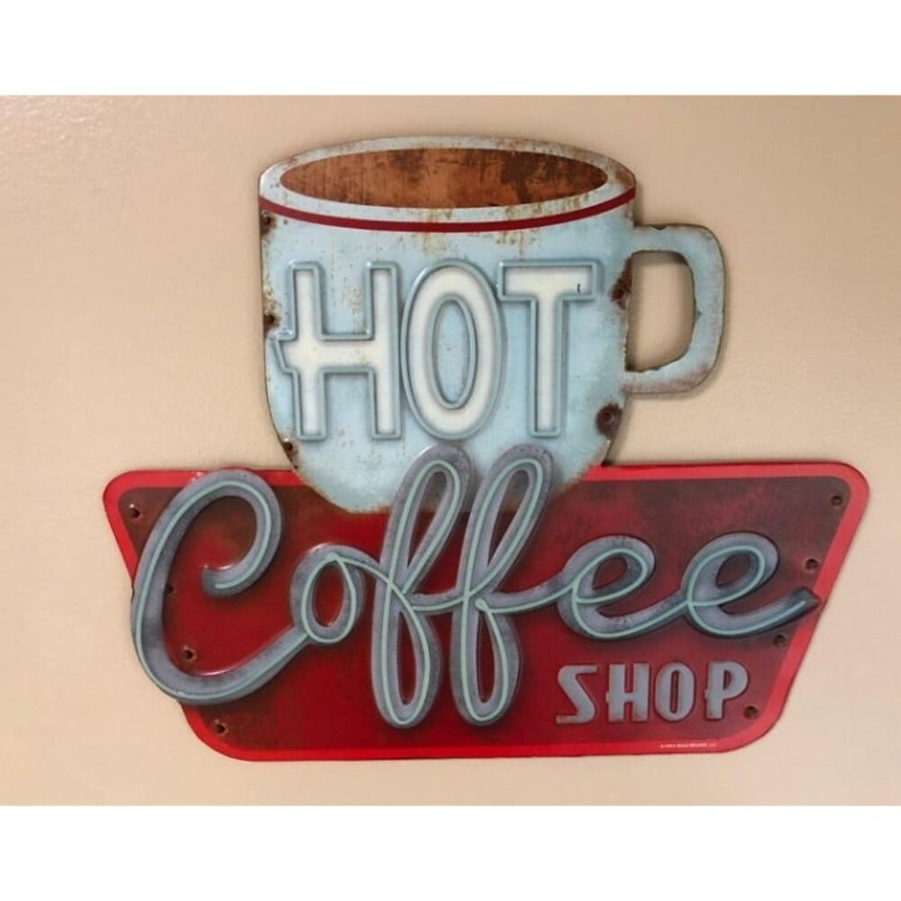 New Hot Coffee Shop Embossed Metal Sign - Vintage Diner Coffee Sign for Kitchen